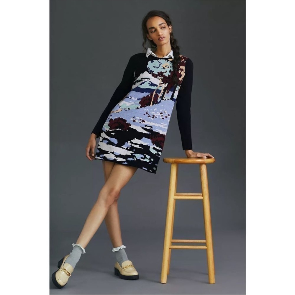NWOT Anthropologie Maeve Scenic Black Mini Long Sleeve Sweater Knit Dress XS - Picture 2 of 13